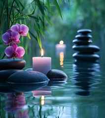 Poster - Inviting scene of glowing candles smooth stones and orchids setting a serene ambiance : Generative AI