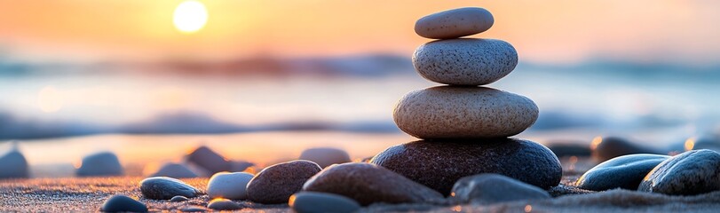 Fototapete - Sunset Beach Serenity Stacked Rocks at Water's Edge with Warm Glowing Light and Soft Waves : Generative AI