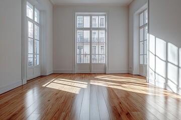Leinwandbilder - Bright and Airy Empty Room with Polished Hardwood Floors and Large Windows Ideal for Interior Design Inspiration : Generative AI
