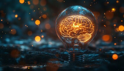 Poster - Glowing Brain Inside Light Bulb Concept Art for Intelligence Innovation and Creative Thinking : Generative AI