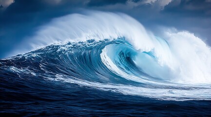 Leinwandbilder - Magnificent Ocean Wave Crashing Under a Dramatic Cloudy Sky Powerful Seascape for Adventure and Nature Imagery : Generative AI