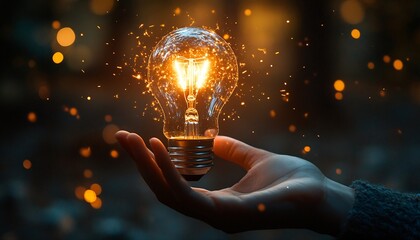 Aufkleber - Glowing Light Bulb Held in Hand Sparkles with Ideas and Innovation for Business and Technology Concepts : Generative AI