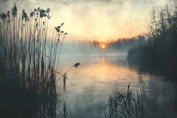 Poster - Tranquil Lake at Sunset with Misty Reflections Serene Nature Scene Peaceful Landscape Golden Hour Beautiful Scenery Outdoor Photography : Generative AI