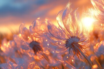 Aufkleber - Dreamy Dandelions at Sunset Backlit Glowing Field with Soft Focus Bokeh Effect and Golden Hour Light Magic : Generative AI