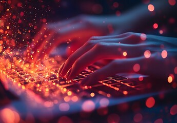 close up of hands typing on laptop with glowing particles futuristic tech concept abstract digital d