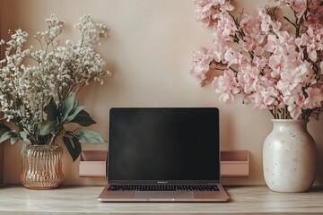 Aufkleber - Home Office Desk with Pink Flowers and Macbook Laptop Stylish Workspace Setup Feminine Aesthetic and Floral Accents Create Productive Calm : Generative AI