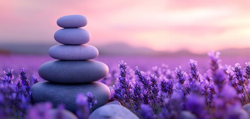 Leinwandbilder - Lavender Field with Stacked Stones and Soft Twilight Sky in the Background : Generative AI