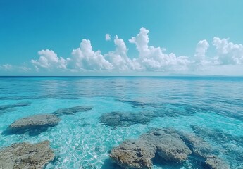Aufkleber - Stunning crystal clear ocean water with rocks beneath a bright blue sky and fluffy clouds : Generative AI