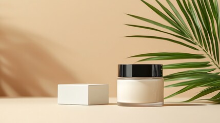 Fototapete - Sophisticated beauty jar with palm leaves and soft shadows on a smooth surface for skincare promotion : Generative AI