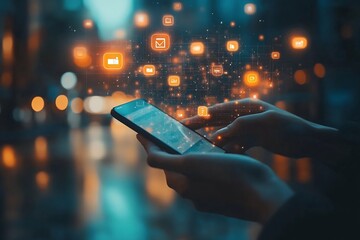 Aufkleber - Digital Connectivity Concept Hands Holding Smartphone with Glowing Network Icons Futuristic Cityscape Background : Generative AI