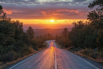 Aufkleber - Scenic Sunset Road Trip Through Forest Landscape Golden Hour Sunlight Trees Mountains Travel Adventure Vacation : Generative AI