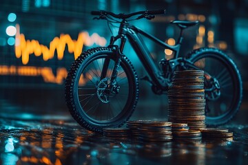 Fototapete - Black Mountain Bike with Gold Coin Stack and Stock Chart Background for Financial Fitness : Generative AI