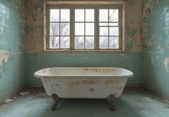 Aufkleber - Rustic vintage bathtub in a distressed bathroom filled with natural light and peeling paint : Generative AI