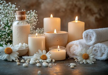 Poster - Spa Arrangement with Candles Flowers and Towels Relaxing Ambiance for Wellness Meditation and Aromatherapy Tranquil Home Decoration : Generative AI