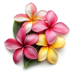 Poster - Exotic Plumeria Flowers with Delicate Petals in Shades of Pink Red and Yellow on Green Leaf Isolated on White : Generative AI
