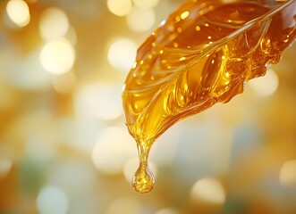 Poster - Liquid Gold Honey Dripping from Leaf with Bokeh Background Macro Shot Sweet Nectar Golden Syrup Natural Light Food Photography : Generative AI