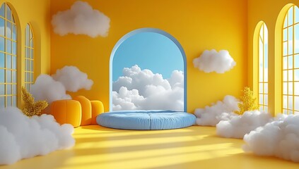 Fototapete - Dreamy Yellow Room with Clouds and Blue Sky View Abstract Interior Design and Soft Comfortable Seating : Generative AI