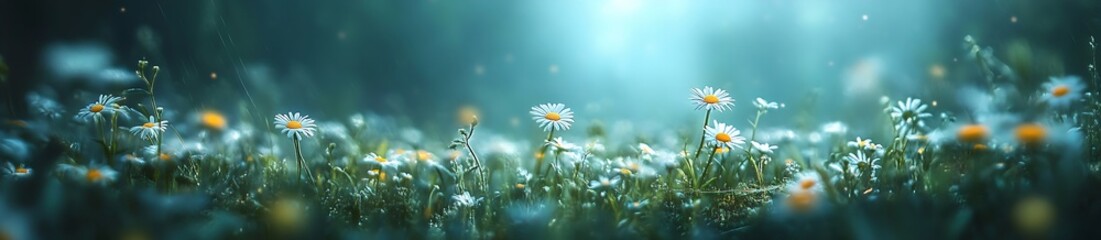 Aufkleber - Dreamy Daisy Meadow with Soft Lighting and Bokeh Floral Background Spring and Summer Nature Photography : Generative AI
