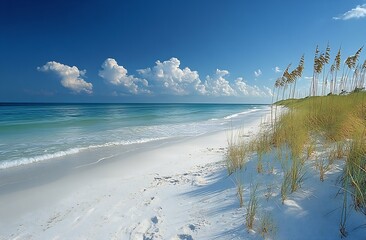 Leinwandbilder - serene beach landscape with white sand turquoise water and clear blue sky with clouds gulf coast par