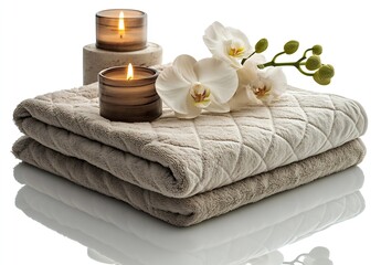 Poster - Serene Spa Scene with Stacked Towels Orchids and Candles Promoting Wellness and Relaxation Calm Ambience : Generative AI