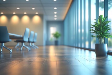 Leinwandbilder - Modern Office Space with Green Plant Large Windows and Wood Floor in Focus Clean Environment Light Colors and Minimalist Design : Generative AI
