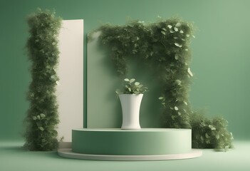 Wall Mural - rendering 3d podium leaves display background product green eucalyptus composition bright leaf exhib