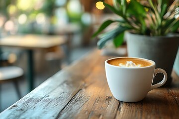 Aufkleber - Fresh Latte Art Coffee in White Mug on Rustic Wooden Table in Cafe Setting with Green Plant : Generative AI