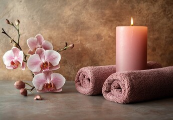Aufkleber - Pink Orchid and Candle Spa Still Life with Rolled Towels Relaxation and Wellness Concept Beauty and Aromatherapy Scene : Generative AI
