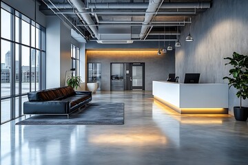 Fototapete - Modern Office Lobby with Leather Couch Concrete Walls Reception Desk and City View Emphasizing Interior Design and Corporate Style : Generative AI