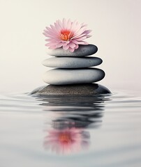 Poster - Zen Stone Stack with Pink Flower Serene Water Reflection for Wellness Spa and Mindfulness Concepts in Beautiful Light : Generative AI