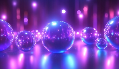 Aufkleber - Glistening spheres reflecting beams of pink and blue light in an enchanting digital environment full of depth : Generative AI