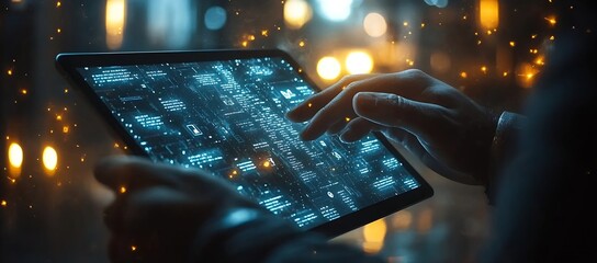 Fototapete - Modern Tech Concept Tablet Device with Data Visualization and Futuristic Interface Digital Technology and Innovation Graphic Design : Generative AI