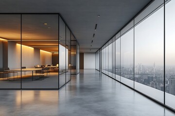 Poster - Modern Office Interior with Glass Walls Long Conference Table and City View for Corporate Business and Collaboration : Generative AI