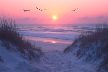 Leinwandbilder - Pink Sunset over Ocean at Serene Beach with Birds Flying Scenic Coastal Landscape at Dusk for Relaxation and Tranquility : Generative AI