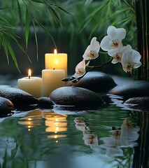 Poster - Elegant display of floating candles with white orchids and stones in a serene water setting : Generative AI
