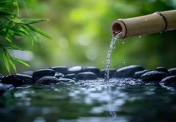 Poster - Zen Water Feature with Bamboo Spout and Smooth Black Stones Creates Tranquility and Serenity in a Natural Setting : Generative AI