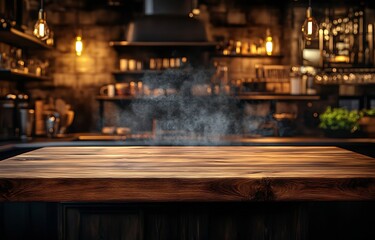 Poster - Rustic Kitchen with Wooden Table and Steam A Cozy Interior Scene with Warm Lighting and Vintage Charm : Generative AI