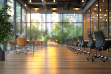 Leinwandbilder - Modern Office Space with Empty Desks and Large Windows Blurry Background City View Business Interior : Generative AI