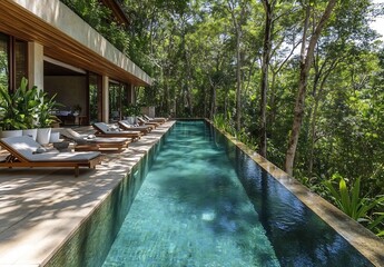 Aufkleber - Elegant swimming pool designed for relaxation surrounded by vibrant tropical foliage and trees : Generative AI