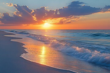 Leinwandbilder - Beautiful Beach Sunset with Golden Light and Gentle Waves Relaxing Seascape Ocean Shoreline at Dusk Serene Coastal View : Generative AI