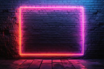 Poster - Neon Rectangle Frame Against Brick Wall Vibrant Lighting for Nightclub Bar or Futuristic Design Concepts : Generative AI