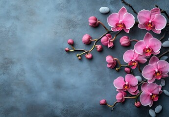 Poster - Gorgeous Display of Pink Orchids and Blossoming Buds Against a Gray Stone Background : Generative AI
