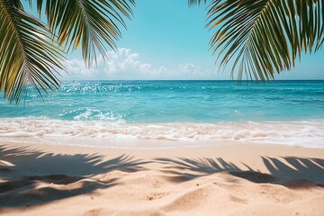 Poster - Turquoise Beach Paradise Tropical Getaway with Palm Trees Sparkling Ocean Waves Sandy Shore Vacation Bliss : Generative AI