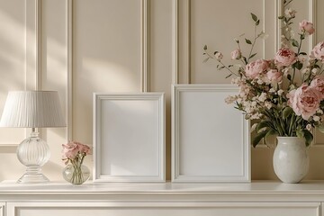 Aufkleber - Elegant Interior Still Life Mockup with Frames Flowers Lamp and Classic Wall Panels for Artwork Display : Generative AI