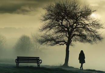 Aufkleber - Misty Landscape with a Bench and a Silhouette of a Woman Standing Under a Leafless Tree : Generative AI