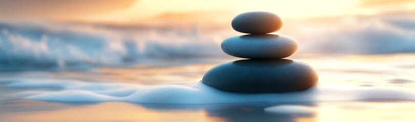 Fototapete - Zen Stacked Stones on Beach at Sunset Serenity and Relaxation Concept Peaceful Waterscape : Generative AI