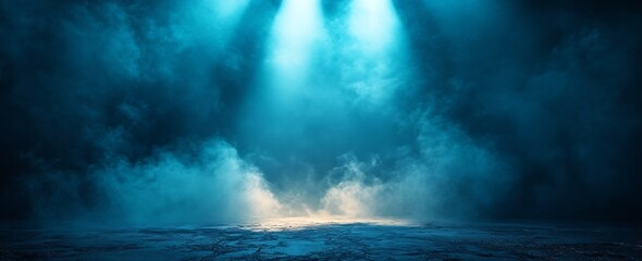 Aufkleber - Mysterious Blue Stage with Spotlights Foggy Background for Concerts Theater and Atmospheric Events : Generative AI