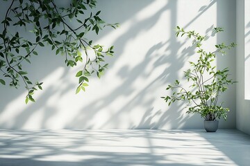 Aufkleber - Minimalist Interior with White Wall Green Plant in Pot Natural Light Stylish Home Decor Empty Room Design : Generative AI