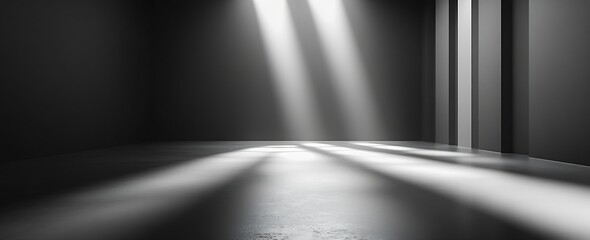 Poster - Dramatic Light Rays in Empty Dark Room Abstract Architecture with Concrete Floor and Walls Atmospheric Interior : Generative AI