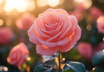 Poster - Romantic Pink Rose with Dew Drops in Golden Light A Symbol of Love and Beauty in a Serene Garden Setting : Generative AI